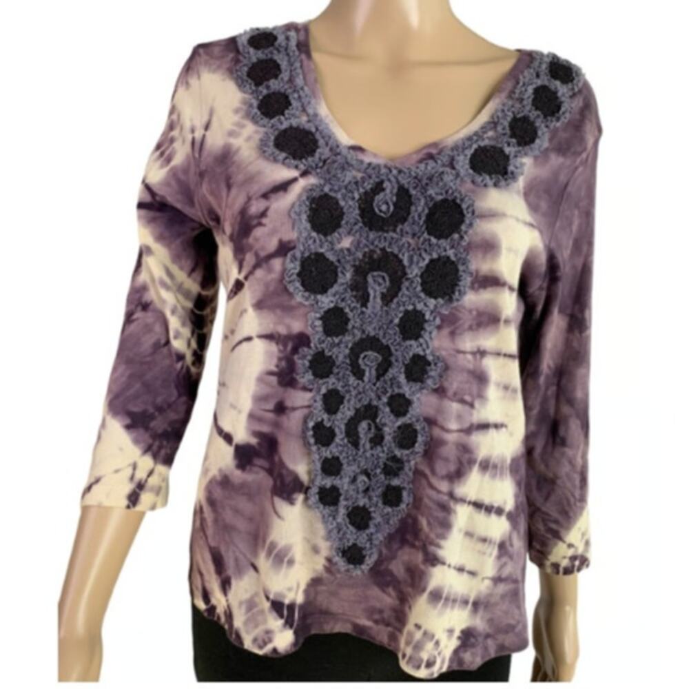 Nature Art by Lynn Yang Women's Size Small Top Purple Tie Dye 3/4 sleeve USA
